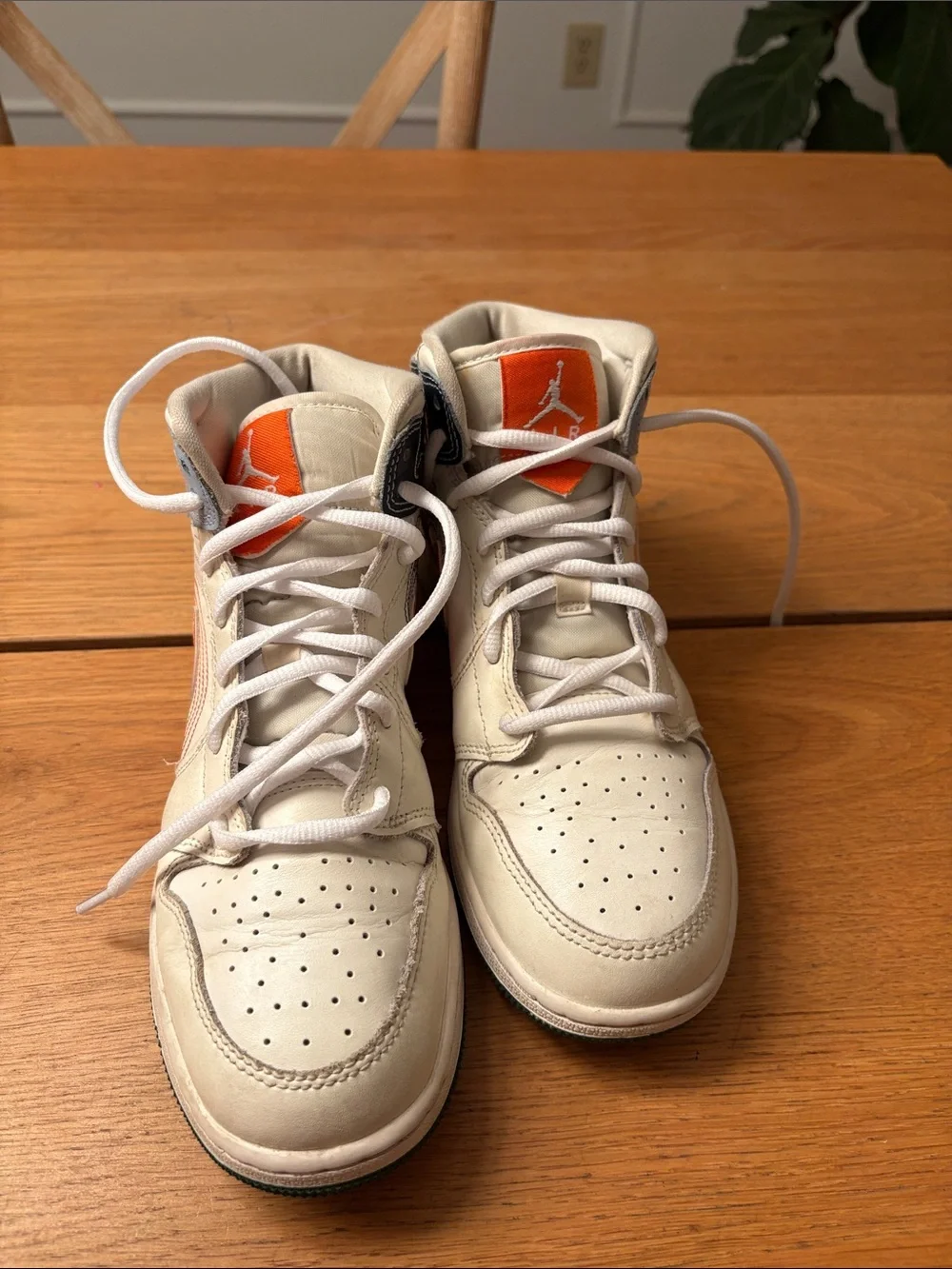 Kids White and Orange Basketball Shoes with Green Accent - Nike High Tops